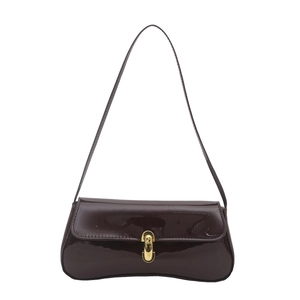 Deep brown glossy patent leather baguette bag with a stylish gold metal ring clasp buckle