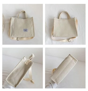 Four-angle view of beige corduroy tote bag showing texture, straps and front pocket