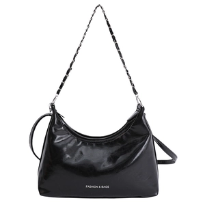 Glossy black hobo shoulder bag with metal chain strap and minimalist logo detail