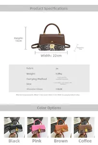 Detailed size chart and specifications for the leopard print PU leather shoulder handbag