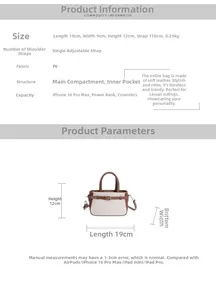 Detailed size chart and specifications for vintage brown and beige PU crossbody bag