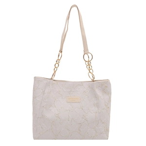 Chic beige tote bag with pleated texture and golden chain shoulder strap on white background