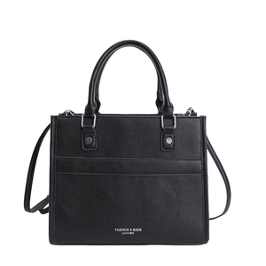 Fashionable black lychee grain leather tote bag with top handles and adjustable strap