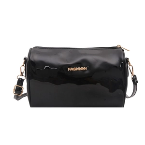 Glossy black patent leather Boston bag with gold FASHION letter detail and shoulder strap