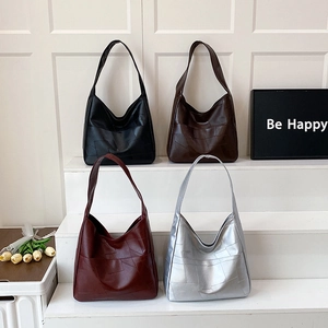 Women Shoulder Bag PU Leather Geometric Patchwork Large Capacity Simplicity Commuter Hobo Handbag Soft