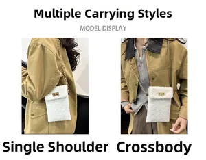 Versatile plush crossbody bag with gold chain strap shown in various wearing styles