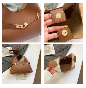 Dettagli borsa Hobo in pelle marrone con fibbia dorata, tasca interna e vista capacità