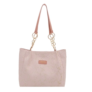 Pink tote bag with star embossed texture and gold chain straps for daily commute