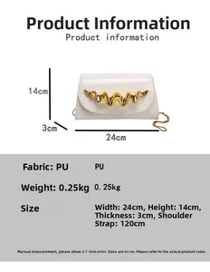 White glossy PU clutch bag featuring modern gold wave handle and metal chain details