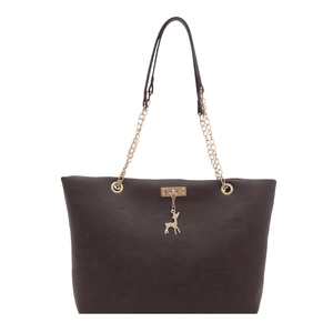 Deep brown leather tote bag with gold chain strap and a delicate metal deer pendant