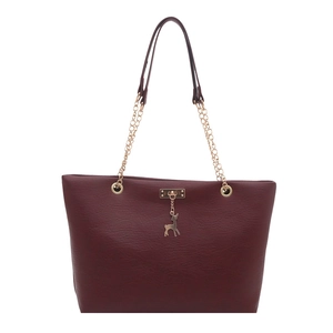 Grand sac cabas bordeaux vintage avec pendentif cerf doré et bandoulière en chaîne dorée
