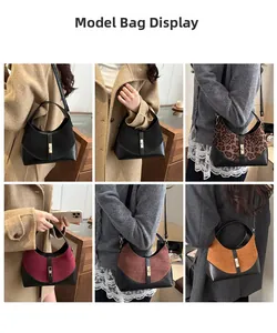 Collage of model wearing minimalist contrast dumpling bags in five stylish colors