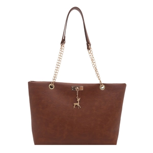 Minimalist brown faux leather tote bag featuring a metal deer pendant and chain strap