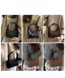 Collage of model wearing vintage leopard print and patent leather crescent bags