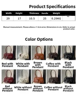 Size chart showing dimensions for women's PU leather shoulder bag with bow detail