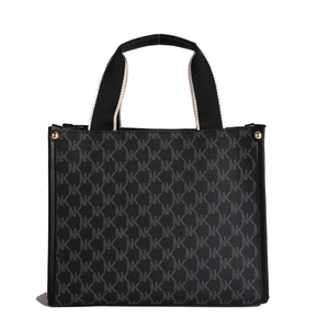 Women's black monogram square tote with NK pattern and woven canvas handles