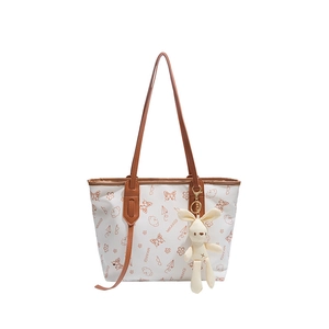 Large capacity canvas tote bag with butterfly prints and plush rabbit pendant charm