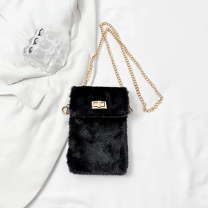 Chic black plush mini crossbody bag with golden chain strap and metallic twist lock