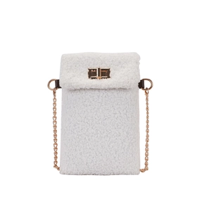 White faux fur mini crossbody bag with gold chain strap and metallic rotary buckle