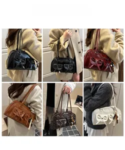 Collage of multi-pocket underarm bags in five colors shown on models for size reference