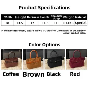 Detail view of four colorful suede bucket bags with vintage buckles and product dimensions