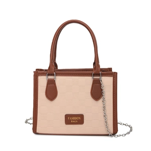 Chic beige and brown checkered square handbag with top handles and gold chain strap