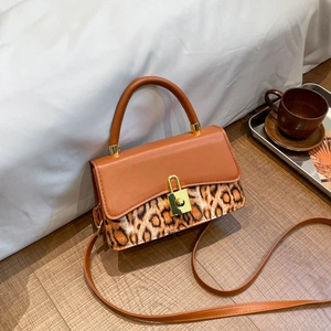 Brown and leopard print vintage square handbag with gold padlock for fashion-forward women