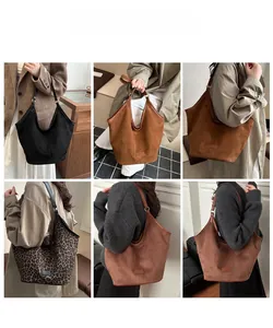 Collage of chic suede underarm bags in various colors and trendy leopard prints