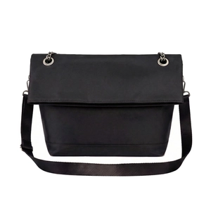 Minimalist black Oxford tote bag with silver chain detail and large flap closure