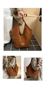 Close-up of brown suede tote bag details and model carrying the shoulder bag