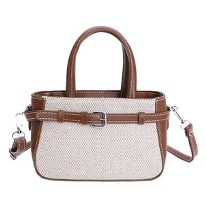 Retro canvas and brown leather crossbody square bag with contrast stitching