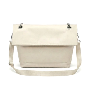 Minimalist beige crossbody saddle bag with metal chain strap and large flap cover