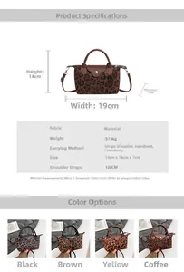 Size specifications for leopard print mini dumpling bag with detailed dimensions and weight