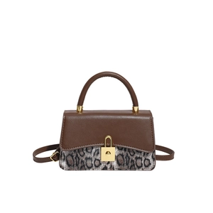 Retro leopard print mini square bag with leather paneling and gold clasp closure