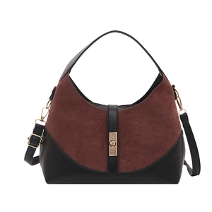 Borsa hobo bicolore in pelle scamosciata marrone e pelle nera con chiusura a scatto