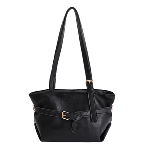 Borsa tote nera minimalista capiente con fibbia dorata e spallacci regolabili in pelle
