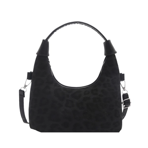 Retro black suede leopard print shoulder bag with adjustable strap and vintage texture