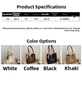 Size chart and specifications for the large capacity PU shoulder bag with color options
