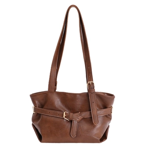 Minimalist coffee brown PU leather shoulder bag with decorative buckle and gold hardware