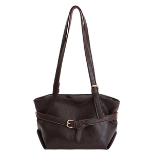 Retro dark brown large capacity tote bag with vintage metal buckles for daily commuting
