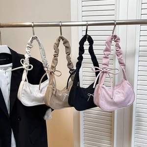 Sac À Épaule En Velours Côtelé Pour Femmes Avec Bandoulière Froncée Broderie Nœud Mode Décontractée Sac Hobo