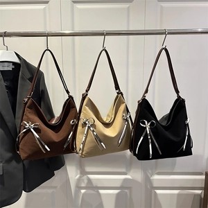 Women Large Capacity Shoulder Bag Suede Texture Hobo Tote Bag With Bowknot Ribbon Zipper Decor Casual Fashion
