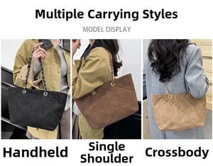 Three colors of quilted chain tote bags shown in handheld, shoulder, and crossbody styles