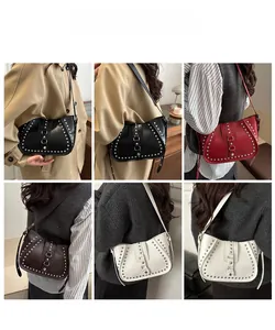Collage of four stylish rivet shoulder bags shown in black, burgundy, coffee, and white