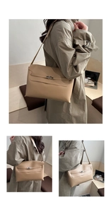 Detailed views of a beige leather tote bag with metal twist lock and shoulder strap