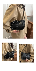 Detail of black leather shoulder bag featuring silver rivets and metallic buckle clasp