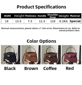 Size chart showing handbag dimensions and color options in black, brown, coffee, and red