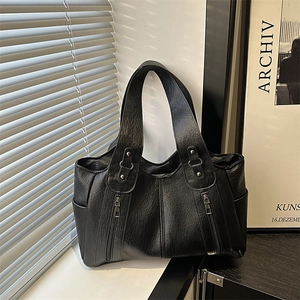 Women Retro Large Capacity Tote Bag Black Lychee Pattern Artificial Leather Shoulder Bag For Urban Commuting Fashion Handbag