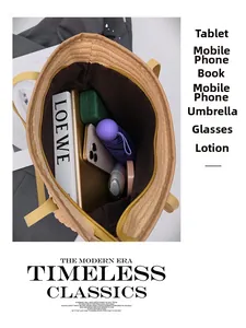 Spacious interior of a yellow tote bag showing storage for tablet, umbrella, and daily items