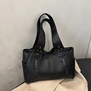 Large Capacity Tote Bag Women Lychee Pattern PU Leather Dual Zipper Pockets Retro Casual Shoulder Bag Commuter